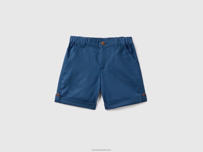 crianças bermudas em mescla de linho com dobras Benetton R8L4P2359 azul