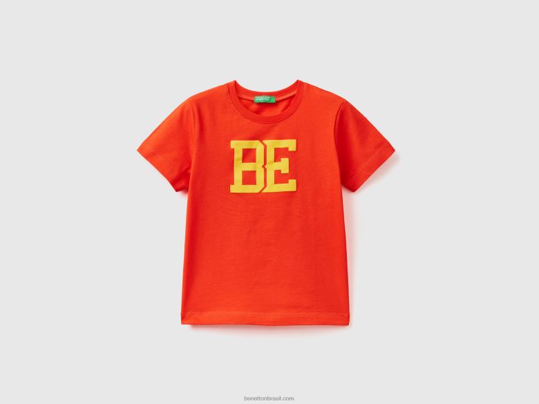 crianças T-shirt 100% algodão orgânico com logótipo Benetton R8L4P2201 coral vermelho