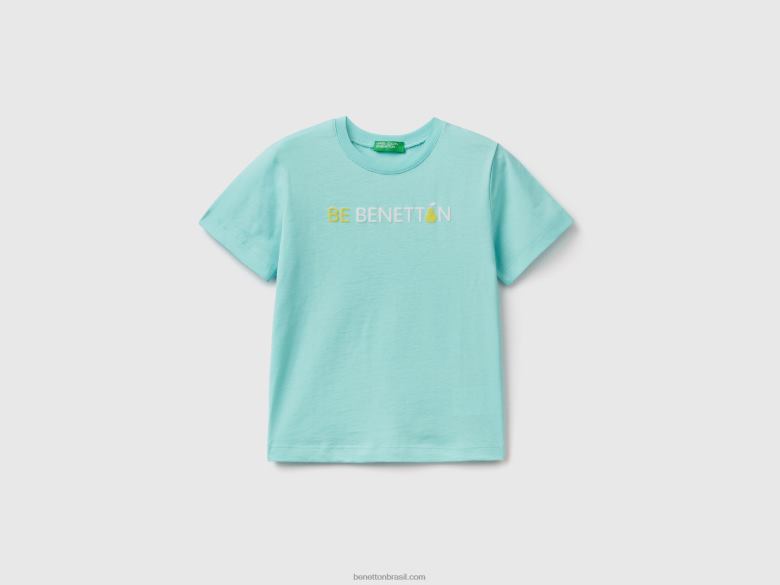 crianças T-shirt 100% algodão orgânico com logótipo Benetton R8L4P5034 azul claro