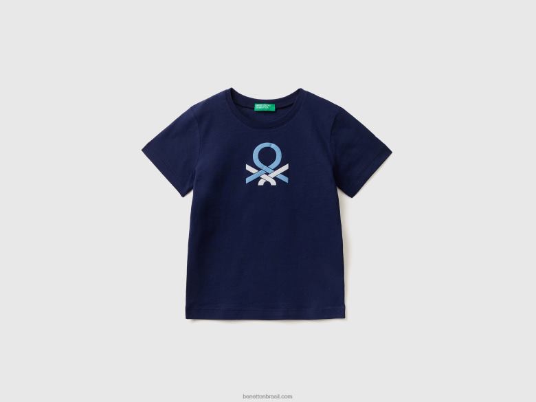 crianças T-shirt 100% algodão orgânico com logótipo Benetton R8L4P5067 azul escuro