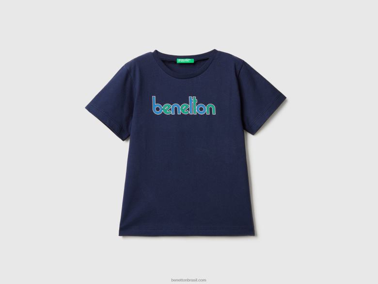 crianças t-shirt com estampa em 100% algodão orgânico Benetton R8L4P2119 azul escuro