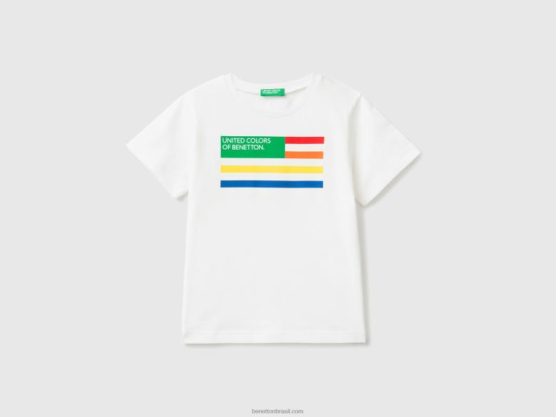 crianças t-shirt com estampa em 100% algodão orgânico Benetton R8L4P2159 branco