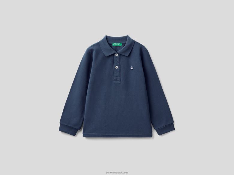 crianças polo manga longa em algodão orgânico Benetton R8L4P2310 azul escuro