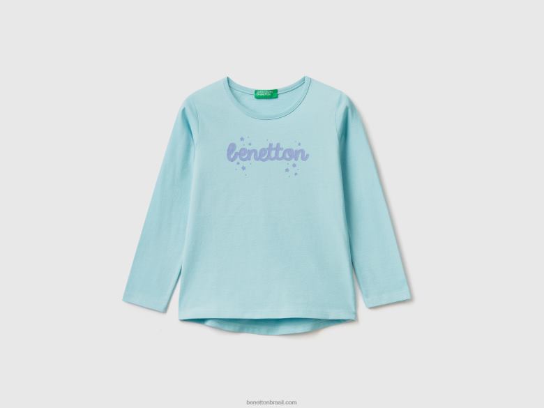 crianças T-shirt 100% algodão com logótipo Benetton R8L4P5558 aqua