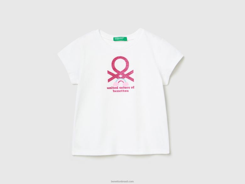 crianças camiseta de algodão orgânico com estampa Benetton R8L4P2873 branco