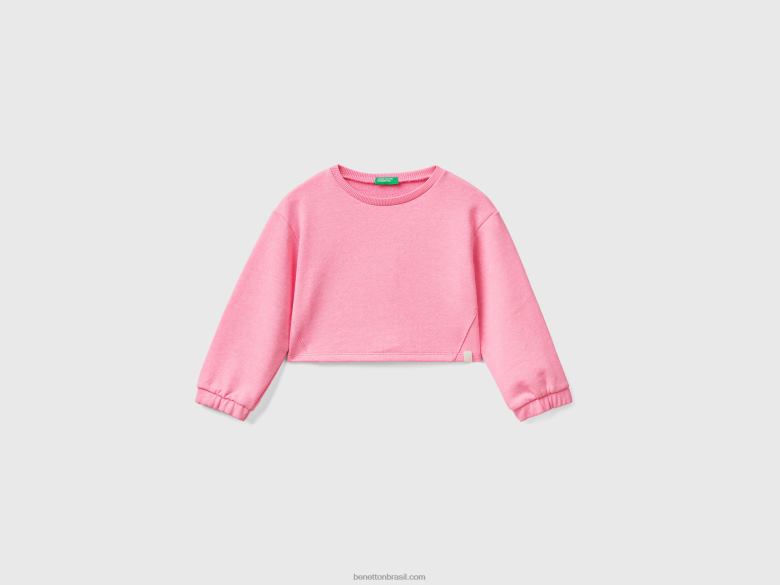 crianças moletom cropped em tecido reciclado Benetton R8L4P2924 Rosa neon