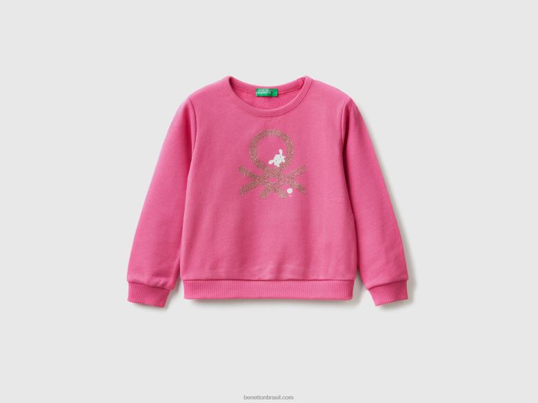 crianças moletom em algodão orgânico com estampa brilhante Benetton R8L4P5625 fúcsia