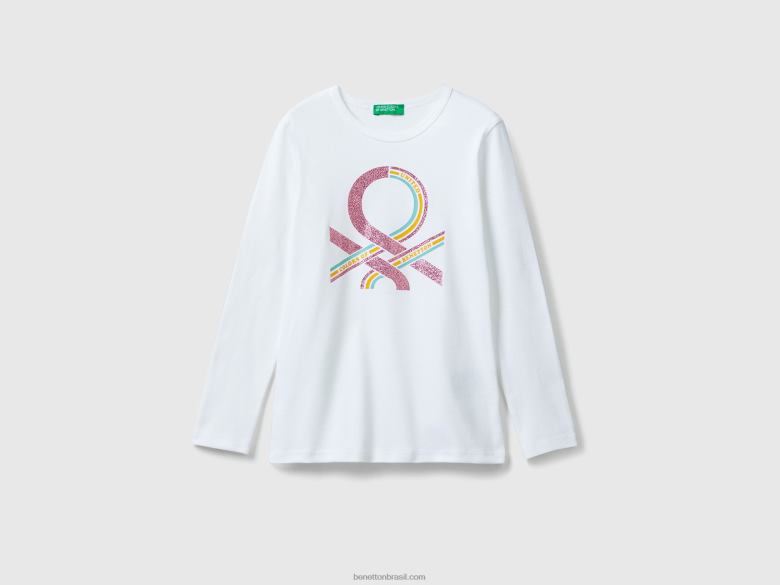crianças camiseta manga longa com estampa de glitter Benetton R8L4P2466 branco