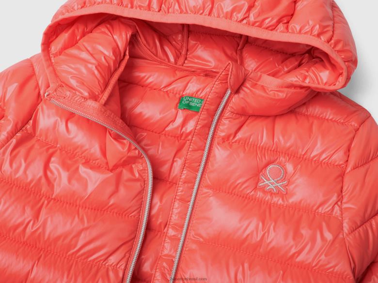 crianças jaqueta puffer com capuz Benetton R8L4P2422 coral laranja