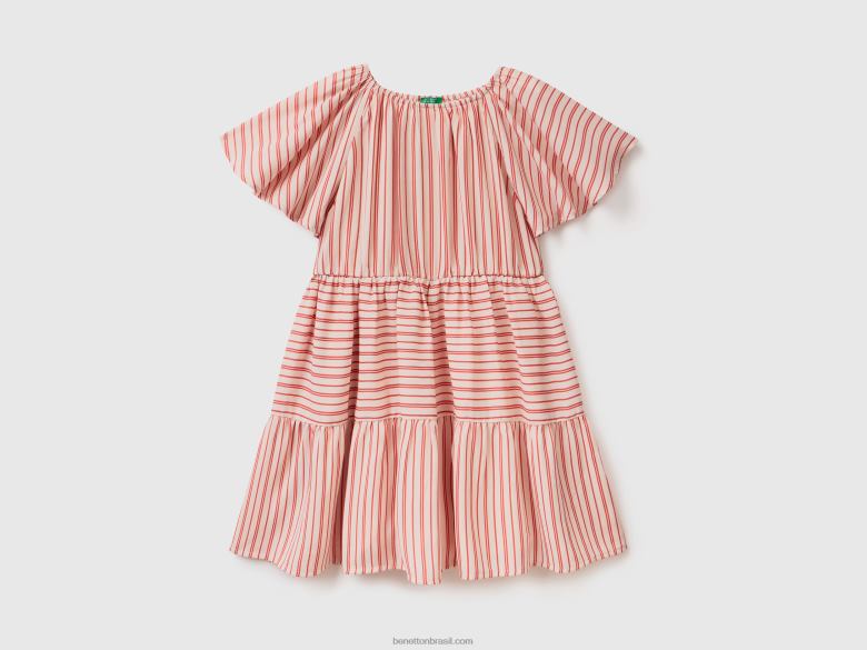 crianças vestido listrado com babados Benetton R8L4P5365 rosa