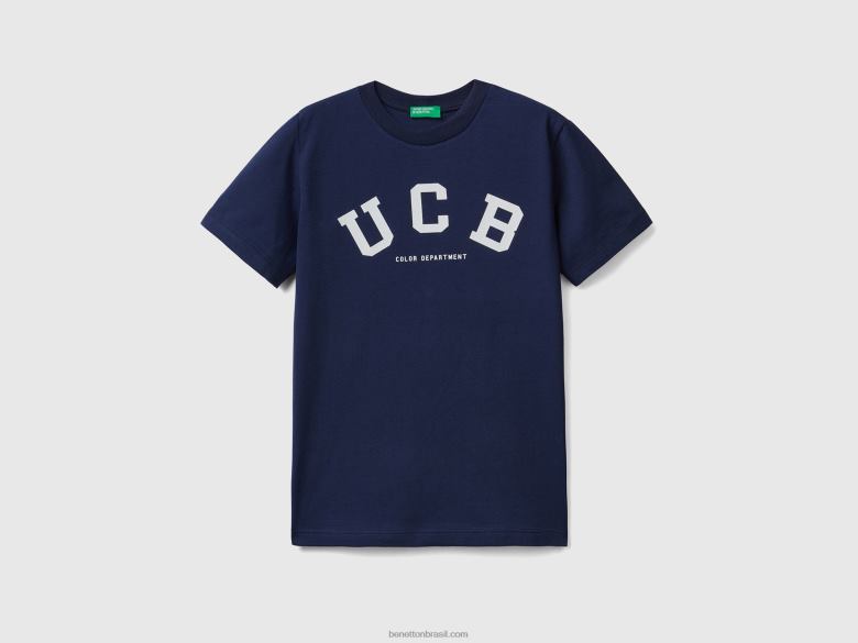 crianças T-shirt 100% algodão com logótipo Benetton R8L4P4826 azul escuro