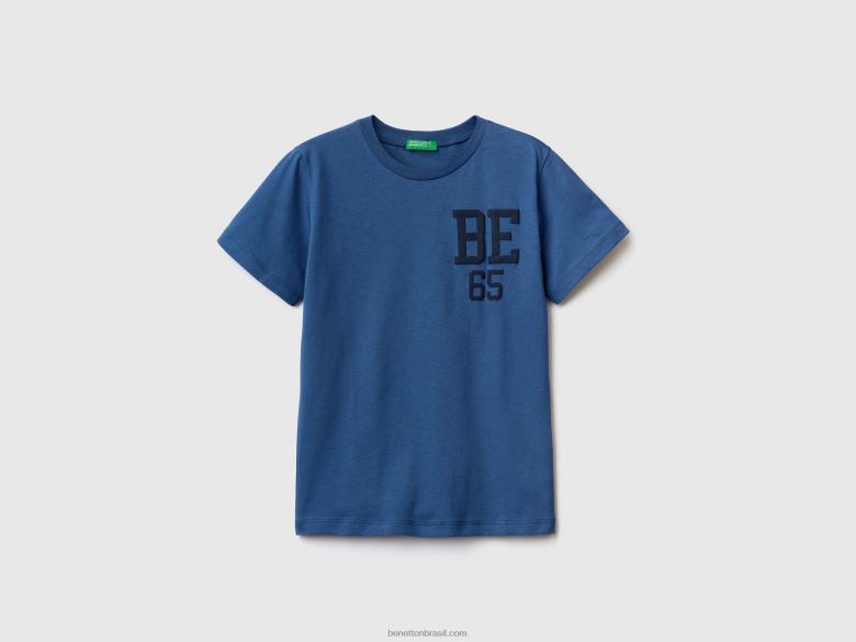 crianças T-shirt 100% algodão orgânico com logótipo Benetton R8L4P4779 azul claro
