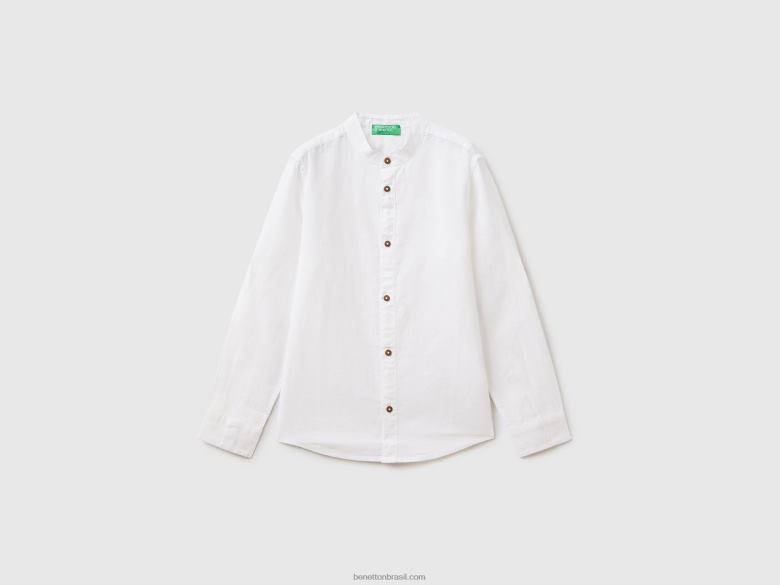crianças camisa de gola mandarim em mistura de linho Benetton R8L4P1667 branco
