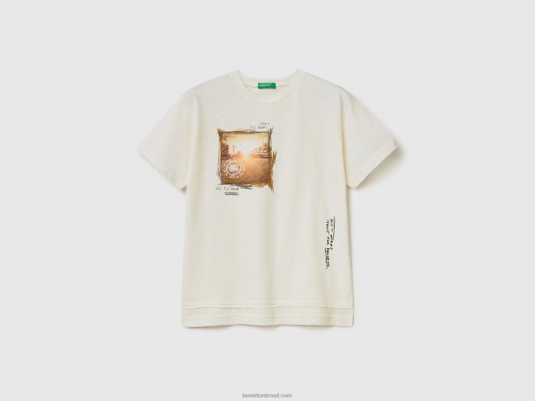 crianças camiseta com estampa de foto Benetton R8L4P4813 branco cremoso