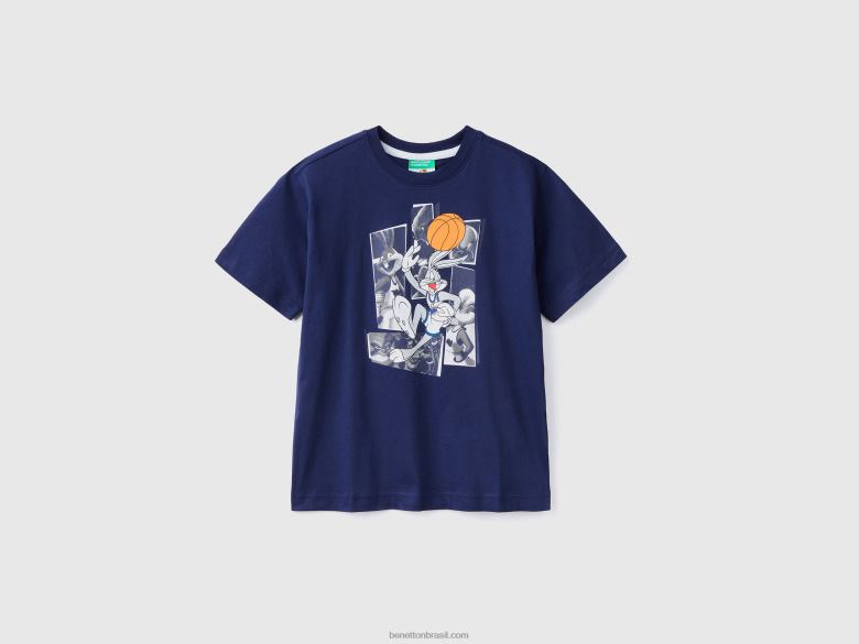 crianças camiseta com estampa de foto space jam Benetton R8L4P1798 azul escuro