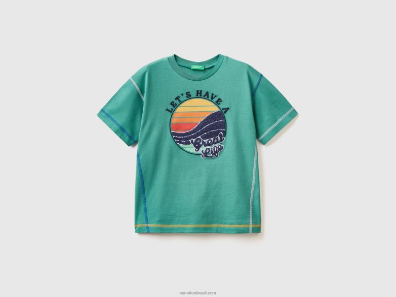 crianças camiseta com estampa e bordado Benetton R8L4P1740 verde escuro