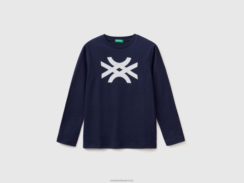crianças camiseta manga longa com logo Benetton R8L4P1710 azul escuro