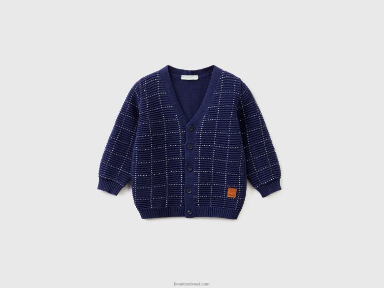 crianças cardigã com detalhe xadrez Benetton R8L4P3460 azul escuro