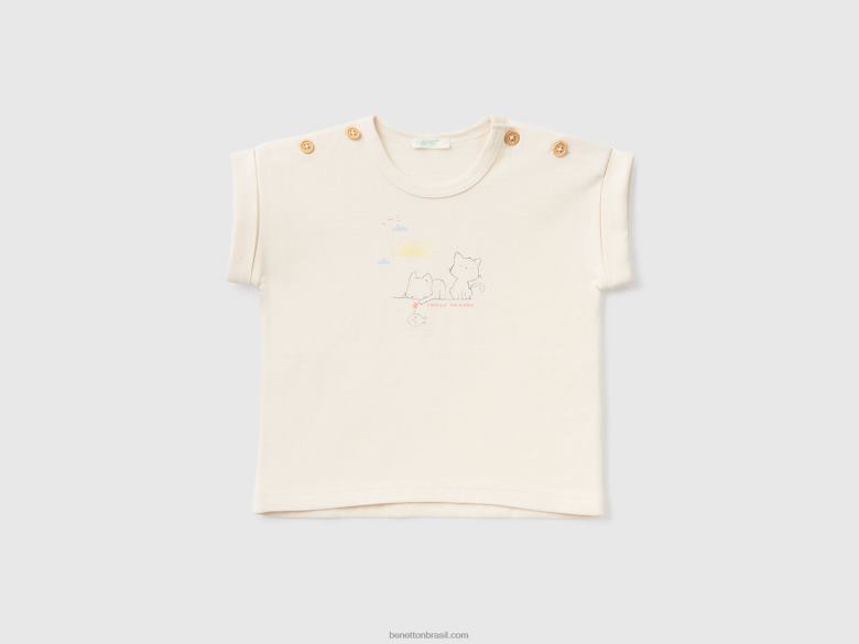 crianças camiseta manga curta com estampa Benetton R8L4P5812 baunilha
