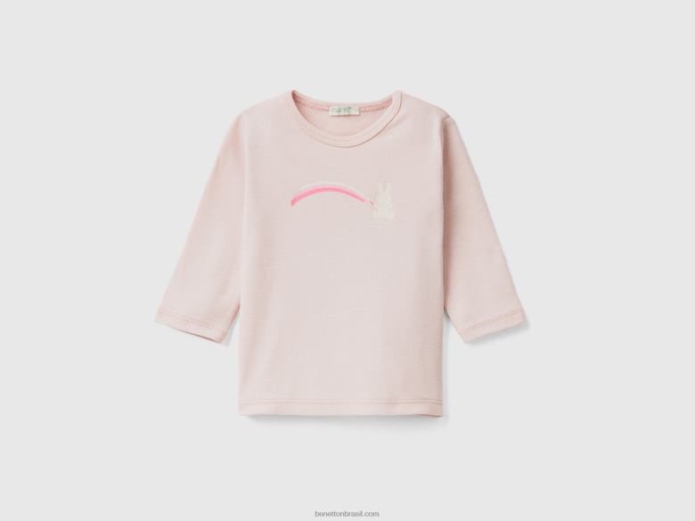crianças camiseta manga longa 100% algodão orgânico Benetton R8L4P5840 Rosa suave