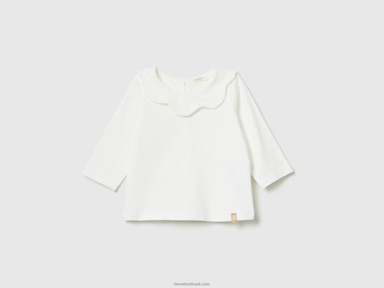 crianças camiseta manga longa com gola Benetton R8L4P5829 branco cremoso