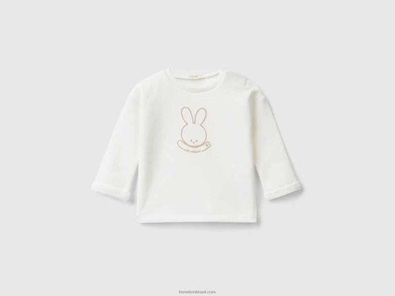 crianças moletom macio em algodão orgânico com estampa Benetton R8L4P3323 branco cremoso