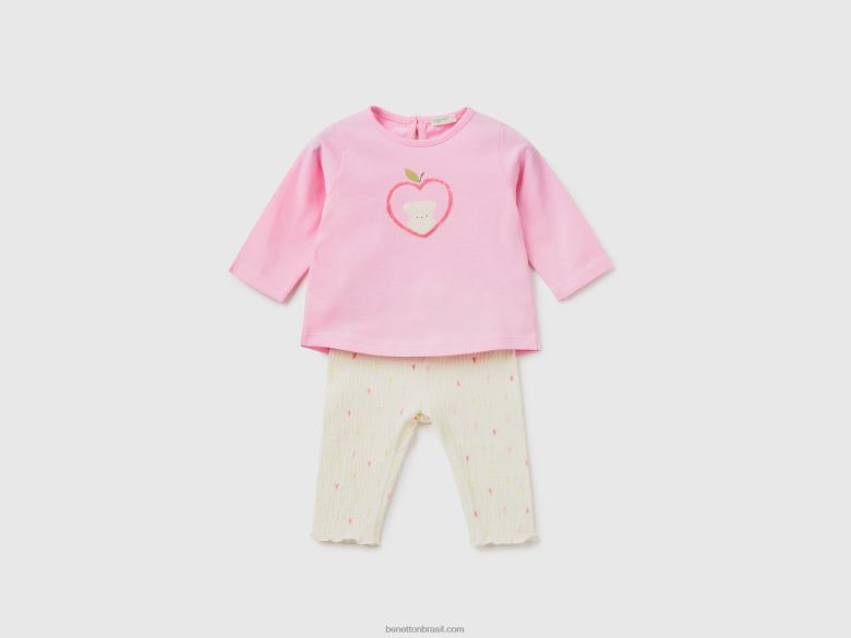 crianças conjunto em algodão com estampas Benetton R8L4P3102 rosa