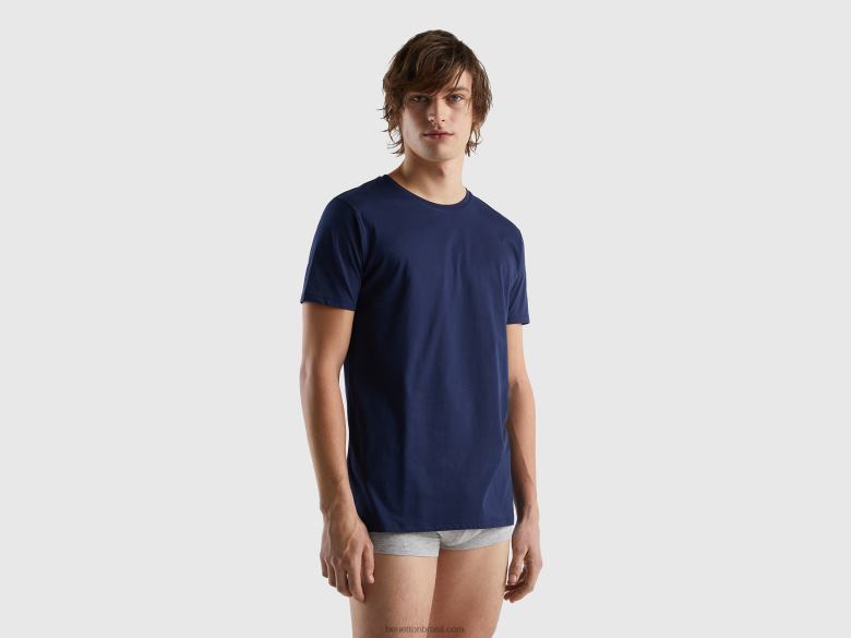 homens camiseta de algodão de fibra longa Benetton R8L4P1576 azul escuro
