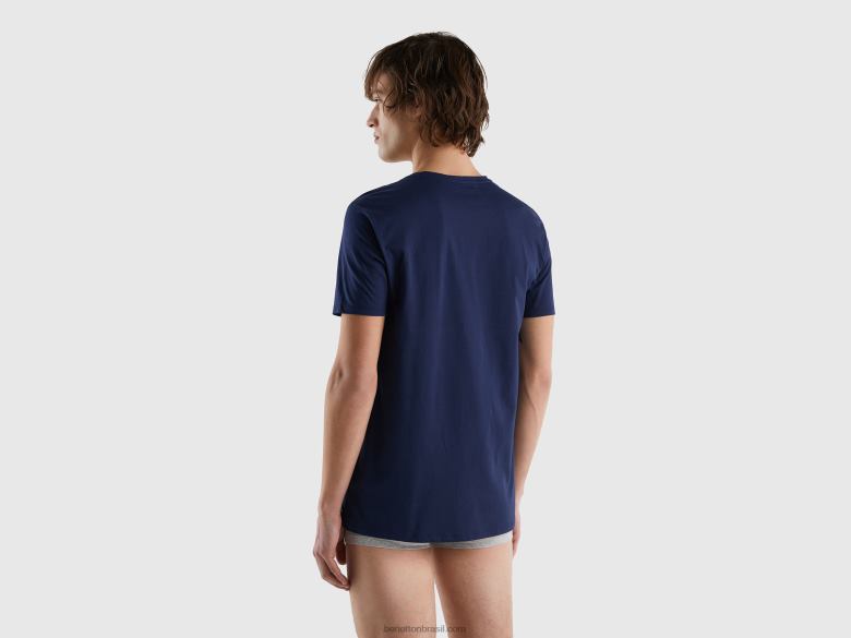 homens camiseta de algodão de fibra longa Benetton R8L4P1576 azul escuro