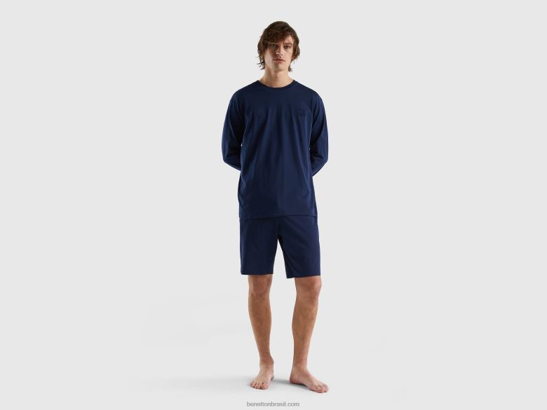 homens bermudas em puro algodão Benetton R8L4P1601 azul escuro