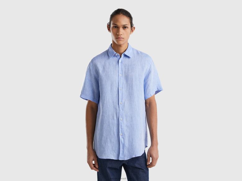 homens Camisa manga curta 100% linho Benetton R8L4P1368 azul claro