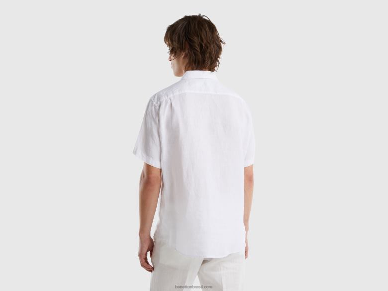homens Camisa manga curta 100% linho Benetton R8L4P4555 branco