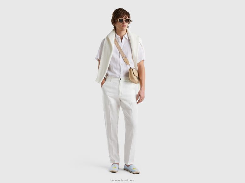 homens Camisa manga curta 100% linho Benetton R8L4P4555 branco