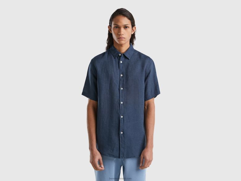 homens Camisa manga curta 100% linho Benetton R8L4P4558 azul escuro