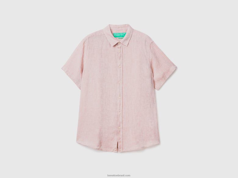 homens Camisa manga curta 100% linho Benetton R8L4P4564 bege