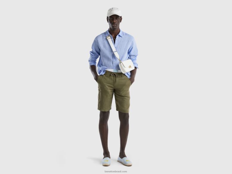 homens camisa em linho puro Benetton R8L4P1362 azul claro