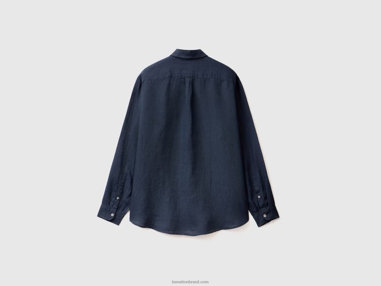 homens camisa em linho puro Benetton R8L4P1371 azul escuro