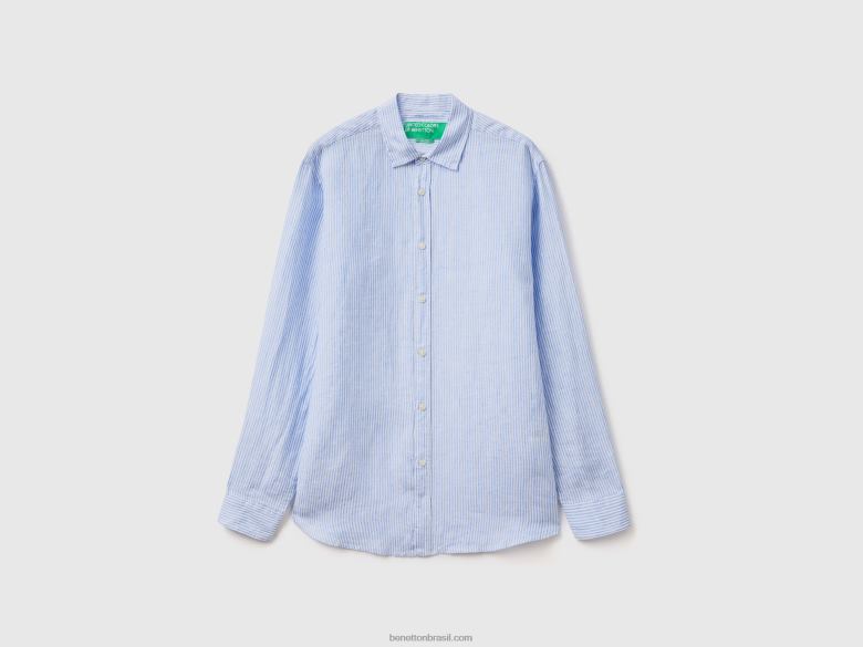 homens camisa em linho puro Benetton R8L4P4534 céu azul