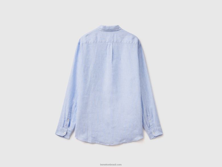 homens camisa em linho puro Benetton R8L4P4534 céu azul
