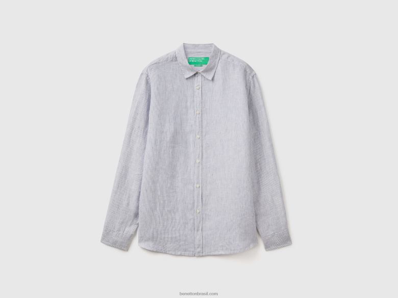 homens camisa em linho puro Benetton R8L4P4535 céu azul