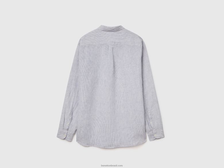 homens camisa em linho puro Benetton R8L4P4535 céu azul