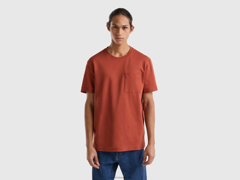 homens T-shirt 100% algodão com bolso Benetton R8L4P1219 marrom