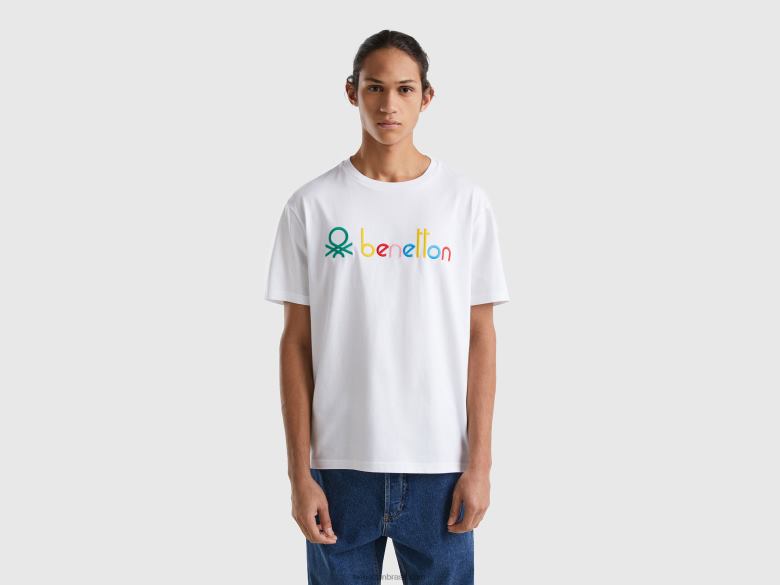 homens camiseta branca com logo multicolorido Benetton R8L4P4462 branco