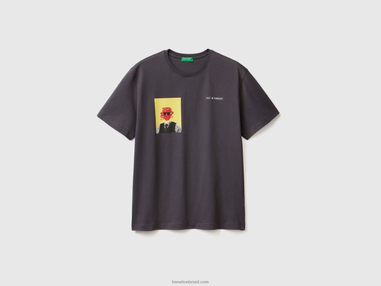 homens camiseta com estampa de foto Benetton R8L4P1216 cinza escuro
