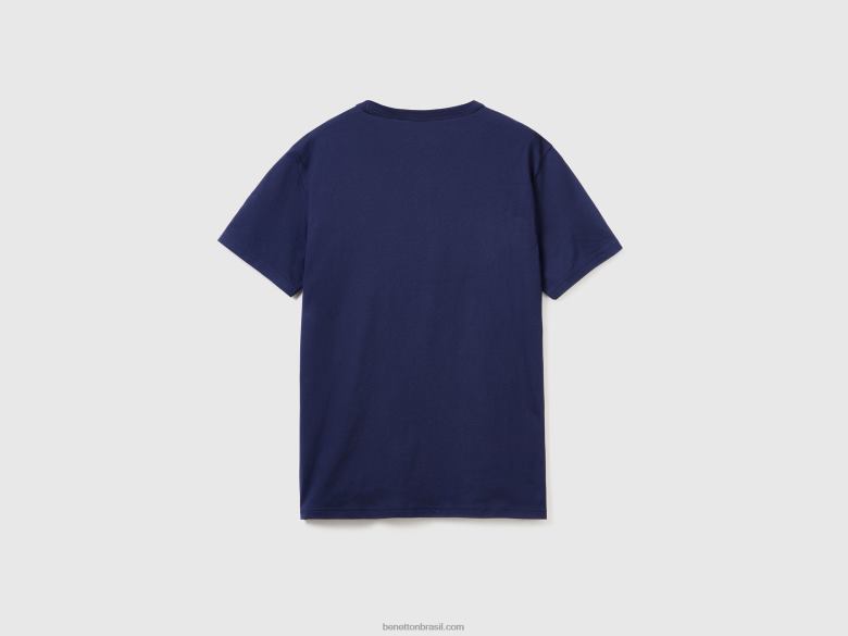 homens camiseta em algodão orgânico com estampa de logo Benetton R8L4P1242 azul