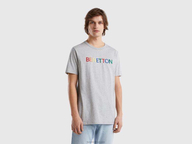 homens camiseta em algodão orgânico com estampa de logo Benetton R8L4P1268 cinza claro
