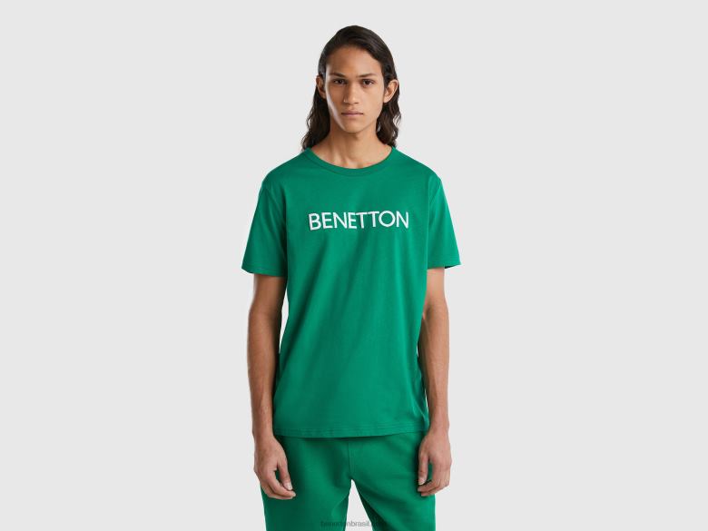 homens camiseta em algodão orgânico com estampa de logo Benetton R8L4P4466 verde escuro