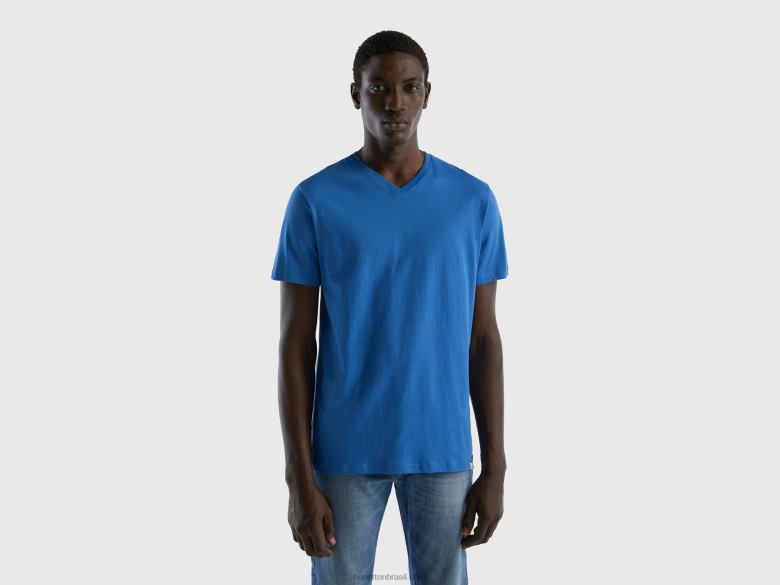 homens camiseta em fibra longa de algodão Benetton R8L4P1260 azul claro