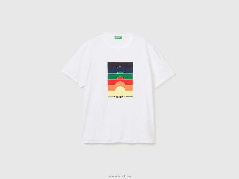homens camiseta gola careca com estampa Benetton R8L4P1248 branco
