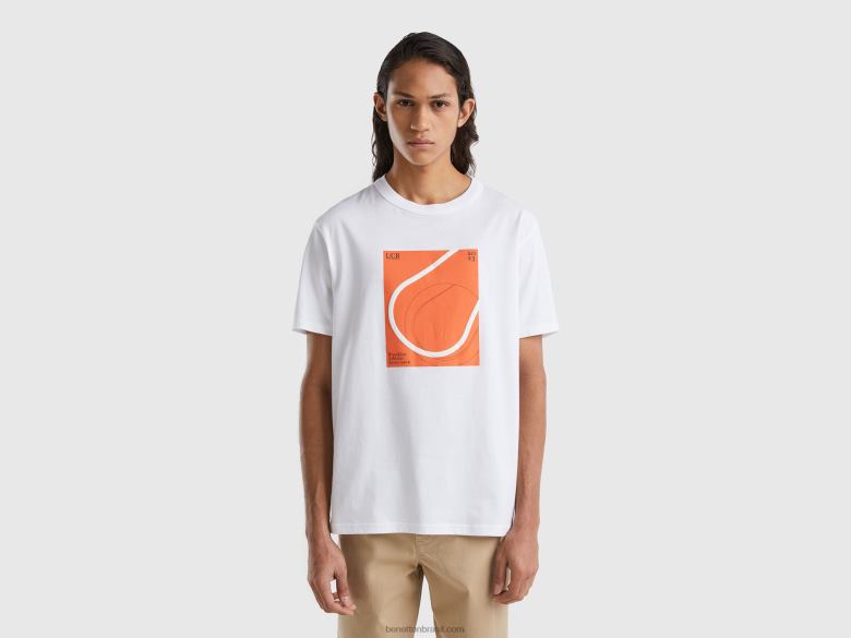 homens camiseta gola careca com estampa Benetton R8L4P4449 branco